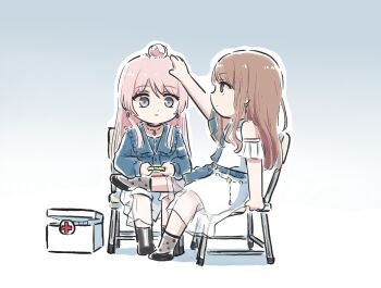 2girls bang_dream! bang_dream!_it&#039;s_mygo!!!!! bite_mark_on_leg black_choker blue_eyes blue_jacket brown_hair chair chihaya_anon choker commentary_request dress earrings first_aid_kit grey_eyes headpat injury jacket jewelry long_hair long_sleeves lyy multiple_girls nagasaki_soyo pink_hair sitting skirt white_dress white_skirt