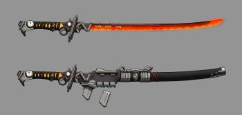 cartridge commentary_request fantasy glowing glowing_sword glowing_weapon grey_background highres katana machine no_humans original science_fiction sheath sheathed simple_background still_life sword tony2001 weapon weapon_focus