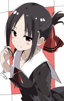 1girl absurdres black_eyes black_hair black_sleeves blush collarbone folded_ponytail gradient_eyes hair_ribbon highres kaguya-sama_wa_kokurasetai_~tensai-tachi_no_renai_zunousen~ long_sleeves maho_ron1 multicolored_eyes neck_ribbon parted_bangs playing_with_own_hair ponytail red_eyes red_ribbon ribbon school_uniform shinomiya_kaguya shuuchiin_academy_school_uniform sidelocks simple_background smile solo standing upper_body