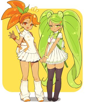2girls :d :t angry arm_at_side asymmetrical_bangs backpack bag bike_shorts bike_shorts_under_skirt black_shoes black_thighhighs blush border bow bowtie bracelet breasts buttons closed_mouth collared_shirt colored_shoe_soles cookie_run cookie_run:_ovenbreak dot_nose food-themed_hair food-themed_hair_ornament full_body green_bow green_bowtie green_eyes green_hair hair_behind_ear hair_between_eyes hair_bow hair_ornament hairband hand_up high-waist_skirt high_ponytail highres jewelry kneehighs lime_cookie lime_hair_ornament long_hair loose_socks medium_hair miniskirt multiple_girls notice_lines ohta_guk_hip open_mouth orange_cookie orange_hair orange_hair_ornament orange_hairband outside_border pigeon-toed pleated_skirt ponytail scrunchie shirt shoes short_sleeves side-by-side simple_background skirt small_breasts smile socks standing tan tanline teeth thighhighs tongue twintails upper_teeth_only v-shaped_eyebrows v_arms very_long_hair waving whistle white_bag white_border white_shirt white_shoes white_skirt white_socks wide_hips wrist_scrunchie wristband yellow_background yellow_scrunchie zettai_ryouiki