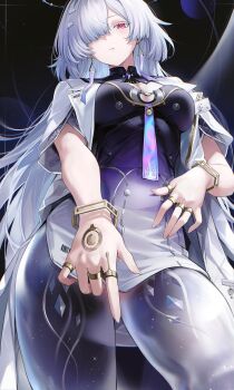 1girl breasts colored_eyelashes commentary dress earrings fingernails from_below grey_hair hair_ornament highres id_card jacket jewelry light_blush long_hair looking_at_viewer looking_down medium_breasts mornye_(wuthering_waves) parted_lips purple_dress re0n red_eyes see-through_body solo triangle_earrings white_jacket wuthering_waves