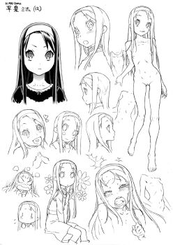 1girl barefoot breasts character_age character_name reference_sheet multiple_expressions feet flat_chest greyscale hairband highres hijiri_rei loli long_hair monochrome nude open_mouth original sketch small_breasts
