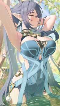 1girl absurdres antlers aqua_dress armpits arms_behind_head arms_up blurry blurry_background breasts cleavage closed_eyes commentary deer_antlers dress earrings genshin_impact highres horns jewelry jumonji large_breasts lauma_(genshin_impact) light_blush long_hair outdoors paid_reward_available parted_lips pointy_ears purple_hair sidelocks solo very_long_hair wet