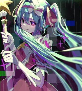 1girl aqua_hair black_eyes blue_eyes bright_pupils dress floating_hair gloves glowing glowing_eye hair_ribbon hairband hatsune_miku highres hiyoko_mame_(kvdz3ummnr39323) holding holding_staff ima_sugu_rinne_(vocaloid) mage_staff magical_girl multicolored_eyes pink_dress pink_eyes pink_hairband pink_ribbon puffy_short_sleeves puffy_sleeves ribbon short_sleeves smile staff star-shaped_pupils star_(symbol) symbol-shaped_pupils two-tone_eyes vocaloid white_gloves white_pupils