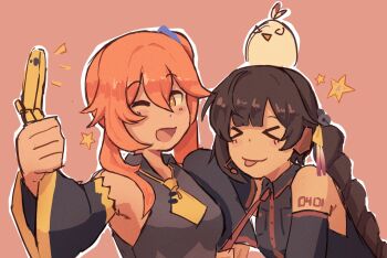 &gt;_&lt; 2girls alternate_costume bare_shoulders black_shirt blush breasts brown_hair closed_mouth collared_shirt detached_sleeves guinaifen_(honkai:_star_rail) hair_between_eyes hair_ornament highres holding holding_phone honkai:_star_rail honkai_(series) long_hair multiple_girls necktie nonnormalguy one_eye_closed open_mouth orange_eyes orange_hair orange_necktie phone red_background shirt short_necktie smile sushang_(honkai:_star_rail) thumbs_up tongue tongue_out upper_body