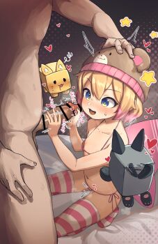 1boy 1girl animal_ear_headwear animal_ears animal_hat bar_censor beanie bikini blonde_hair blue_eyes brown_hat censored colored_tips commentary commission driftingtiger english_commentary fake_animal_ears flat_chest handjob hat heart hetero highres indie_virtual_youtuber loli looking_at_penis micro_bikini multicolored_hair nipples open_mouth penis pink_bikini pink_hair pink_thighhighs pixiv_commission roblox side-tie_bikini_bottom sizzlesjellyqueen squatting star_(symbol) striped_clothes striped_thighhighs swimsuit thighhighs twitching_penis two-tone_hair virtual_youtuber