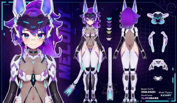 1girl ass back bandaid bandaid_on_face bandaid_on_nose blush breasts butt_crack choker cleavage clickdraws clothing_cutout eyewear_on_head gloves hair_intakes highres kvxart long_sleeves looking_at_viewer mechanical_ears mechanical_legs mechanical_tail medium_breasts melody_(projektmelody) multicolored_hair multiple_views navel non-humanoid_robot official_alternate_costume official_art onikanzei ponytail pubic_tattoo purple_eyes purple_hair rabbit_ears reference_sheet revealing_clothes robot see-through_clothes smile solo standing streaked_hair tail tattoo thigh_cutout thighhighs thong virtual_youtuber