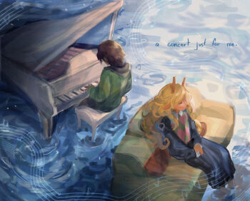 1girl 1other blonde_hair blue_background brown_hair deltarune english_text grand_piano instrument kris_(deltarune) noelle_holiday piano silliest_heartaches sweater utdr_(toby_fox)