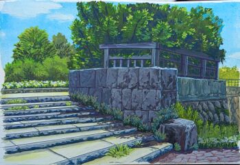 blue_sky brick_wall bush commentary day grass harusa1107 highres no_humans original painting_(medium) path plant road scenery sky stairs symbol-only_commentary traditional_media tree watercolor_(medium)