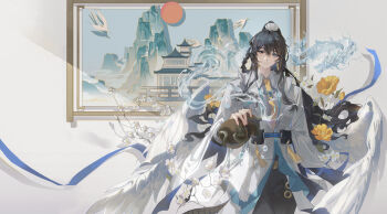 1boy arknights black_eyes black_hair black_pants blue_hair chinese_clothes chinese_commentary commentary_request dragon e.g.o_(project_moon) flower gourd hair_ornament heterochromia highres holding holding_gourd hong_lu_(project_moon) limbus_company looking_at_viewer male_focus necktie painting_(object) pants project_moon smile solo spilling to_remain_oneself_(e.g.o) tokulily yellow_flower yellow_necktie