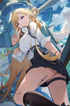 1girl absurdres aqua_necktie black_nails black_skirt black_socks blonde_hair blue_sky braid braided_bangs breasts commentary day earrings fingernails from_side hair_ornament headphones headphones_around_neck highres id_card jewelry jiangchuan_ling_yu_nai long_hair looking_at_viewer looking_to_the_side lynae_(wuthering_waves) medium_breasts nail_polish necktie outdoors parted_lips purple_eyes shirt shirt_tucked_in skirt skull_hair_ornament sky smile socks solo star_(symbol) star_earrings tacet_mark_(wuthering_waves) thighs very_long_hair white_shirt wuthering_waves