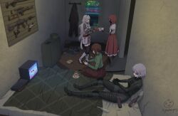 4girls ^_^ alcohol anger_vein artificial_eye artist_logo artist_name aybabayay bag_of_chips black_bodysuit bodysuit bottle closed_eyes clothes_hanger coat commentary commission commissioner_insert commissioner_upload concrete controller crack cracked_wall crt cup demon_horns diorama english_commentary fighting_game from_above game_console game_controller game_over gamepad giving glowing glowing_eyes green_sweater grey_hair gun hair_ornament hairclip handgun highres holding holding_controller holding_game_controller horns indoors k.o. kasia_(peripeteia) logo long_hair magazine_(weapon) marie_(peripeteia) mattress mechanical_arms mechanical_eye mechanical_legs multiple_girls nietzschka_(peripeteia) original peripeteia perspective playing_games reclining rifle robot_girl rug sitting spilled_drink sweater tail tea teacup trench_coat unworn_coat vanishing_point very_long_hair vodka weapon weapon_rack weapon_request wide_shot window