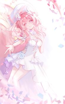 Rule 34 | 1girl, absurdres, breasts, commentary request, cyrene (honkai: star rail), cyrene (ripples of past reverie) (honkai: star rail), diamond-shaped pupils, diamond (shape), dress, flower, hair flower, hair ornament, halo, hand on own chest, highres, honkai: star rail, honkai (series), long hair, looking at viewer, medium breasts, pink hair, purple eyes, reaching, reaching towards viewer, solo, symbol-shaped pupils, very long hair, white dress, xilancici