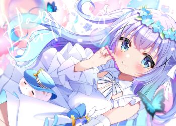 Rule 34 | 1girl, bare shoulders, blue eyes, blue hair, blurry, blurry background, blush, bow, bowtie, breasts, closed mouth, commentary request, detached sleeves, dress, dutch angle, flower, frilled sleeves, frills, gochuumon wa usagi desu ka?, hair between eyes, hair flower, hair ornament, hair ribbon, hand up, head wreath, highres, holding, kafuu chino, kiyokura meru, long hair, long sleeves, looking at viewer, neck ribbon, petals, puffy sleeves, rabbit, ribbon, short sleeves, sidelocks, skirt, smile, solo, tippy (gochiusa), twintails, upper body, very long hair, white dress, wreath, x hair ornament