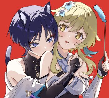 1boy 1girl animal_ear_fluff animal_ears armor bare_shoulders black_bodysuit black_bridal_gauntlets black_gloves blonde_hair blue_sleeves blue_trim blush bodysuit breasts bridal_gauntlets bright_pupils cat_boy cat_ears cat_tail cleavage cleavage_cutout clothing_cutout couple dress eyelashes eyeliner eyeshadow fingernails genshin_impact gloves hair_between_eyes hand_on_another&#039;s_shoulder head_on_another&#039;s_shoulder head_tilt hetero holding hug hug_from_behind japanese_armor japanese_clothes kimono kote kurokote layered_sleeves looking_at_another lumine_(genshin_impact) makeup mandarin_collar middle_ring open_mouth partially_fingerless_gloves purple_eyes purple_hair purple_rope red_background red_eyeliner red_eyeshadow rope scaramouche_(genshin_impact) scarf short_hair short_hair_with_long_locks short_sleeves sidelocks single_off_shoulder snow20200 tail vambraces wanderer_(genshin_impact) white_dress white_kimono white_pupils white_scarf white_sleeves yellow_eyes