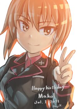 Rule 34 | 1girl, artist name, breasts, brown eyes, brown hair, commentary request, cross, girls und panzer, hand on own hip, happy birthday, highres, iron cross, kuromorimine military uniform, kuroneko douji, large breasts, long sleeves, looking at viewer, military, military uniform, nishizumi maho, red shirt, shirt, short hair, simple background, smile, solo, sunlight, sunset, upper body, v, white background