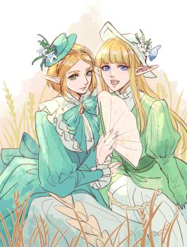 2girls aqua_bow aqua_bowtie aqua_dress aqua_hat blonde_hair blue_eyes blunt_bangs bow bowtie braid breasts closed_mouth crown_braid dress green_dress green_eyes hand_fan hat highres holding holding_fan juliet_sleeves kurokawa_karasu long_dress long_hair long_sleeves medium_breasts mini_hat multiple_girls nintendo open_mouth parted_bangs pointy_ears princess_zelda puffy_long_sleeves puffy_sleeves short_hair sidelocks sitting sketch smile the_legend_of_zelda the_legend_of_zelda:_breath_of_the_wild the_legend_of_zelda:_skyward_sword white_hat