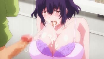 1boy 1girl after_fellatio animated animated_gif bra breasts censored crying crying_with_eyes_open cum cum_in_mouth cum_on_body cum_on_breasts cum_on_upper_body cumdrip hetero huge_breasts kneeling kurokawa_(sakusei_byoutou) looking_down mosaic_censoring open_mouth pink_bra purple_bra purple_hair red_eyes sakusei_byoutou screencap shiny_skin tearing_up tears tongue tongue_out twitching_penis underwear