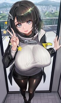 1girl absurdres alternate_breast_size_(larger) arknights arknights:_endfield black_hair black_jacket black_pantyhose black_shoes black_shorts blunt_bangs breasts commentary_request da-negi doorway endministrator_(arknights) fang female_endministrator_(arknights) grey_eyes hair_ornament highres jacket large_breasts long_sleeves looking_at_viewer medium_hair open_clothes open_jacket open_mouth pantyhose pantyhose_under_shorts pov_doorway shoes short_shorts shorts smile solo standing star_(symbol) sweater v white_sweater