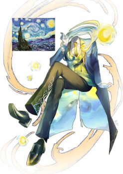 absurdres black_pants black_shoes coat collared_shirt commentary crossed_legs gloves highres hoshi_mori invisible invisible_chair necktie pants shirt shoes signature sitting starry_night_(van_gogh) white_gloves