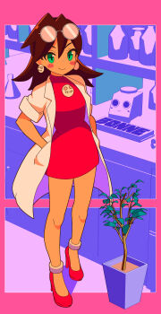 absurdres blush blush_stickers brooch brown_hair character_name coat dress earrings eyewear_on_head full_body glasses green_eyes hands_in_pockets high_heels highres jewelry lab_coat long_hair mega_man_(series) mega_man_legends_(series) pink_dress pink_shoes purple_theme round_eyewear servbot_(mega_man) shoes skull_brooch skull_earrings smile tron_bonne_(mega_man) white_coat yodok