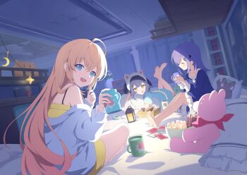 3girls :d ahoge amber_(stella_sora) animal_ear_hairband animal_ears armpit_crease bare_shoulders barefoot black_hair blonde_hair blue_dress blue_eyes blue_pajamas blue_shirt blue_shorts card cat_ear_hairband cat_ears closed_curtains closed_eyes coffee_mug collarbone cookie cup curtains double-parted_bangs dress fake_animal_ears food food_in_mouth frilled_dress frilled_pillow frills fur_hairband game_cg hairband highres holding holding_cookie holding_cup holding_food hugging_object incoming_drink indian_style iris_(stella_sora) jacket lantern long_hair long_sleeves looking_at_viewer looking_back loungewear medium_dress motor_vehicle mouth_hold mug multiple_girls new_star_guild_(stella_sora) non-web_source noya_(stella_sora) off_shoulder official_alternate_costume official_art open_mouth pajamas pillow pocky purple_hair shirt short_dress shorts sitting sleeveless sleeveless_dress smile soles star-shaped_cookie star-shaped_food star-shaped_pupils star_(symbol) stella_sora stuffed_animal stuffed_toy symbol-shaped_pupils teddy_bear toes van vehicle_interior very_long_hair white_hairband white_jacket yellow_dress yellow_eyes