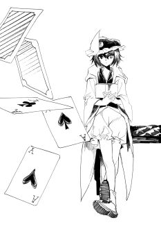 1other absurdres ace_(playing_card) ace_of_clubs ace_of_hearts ace_of_spades androgynous ankle_socks baggy_shorts book boots card chinese_commentary club_(shape) coattails collared_shirt commentary crossed_legs dot_nose english_commentary expressionless floating_card frilled_headwear frilled_shorts frills full_body greyscale hair_between_eyes hat heart heterochromia high_collar highres holding holding_book hood hood_down hooded_jacket house_of_cards jacket len&#039;en long_sleeves mixed-language_commentary mob_cap monochrome multilingual_commentary open_book open_clothes open_jacket other_focus parted_lips playing_card shirt shitodo_kuroji short_hair shorts simple_background sitting socks solo spade_(shape) triangular_headpiece tsurime white_background wide_sleeves yancao_(pixiv_103434280) zipper