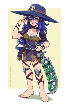 Rule 34 | 1girl, absurdres, armor, armored skirt, artist name, barefoot, blue choker, blue hair, breasts, choker, commentary, commission, dang (runescape), english commentary, full body, hair between eyes, hat, highres, holding, holding sword, holding weapon, jade (gemstone), joanna went bananas, knee pads, long bangs, long hair, medium breasts, old school runescape, orange eyes, original, runescape, second-party source, shoulder armor, simple background, smile, solo, spiked ear piercing, standing, sword, thick eyebrows, weapon, yellow background, yellow eyes