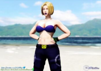 1girl 3d animated beach blonde_hair blue_eyes blue_mary breasts denim fatal_fury fingerless_gloves gloves jeans large_breasts legs midriff navel ocean pants short_hair solo strapless stretching tagme the_king_of_fighters thighs tube_top video water
