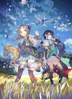 2girls absurdres armlet armor arrow_(projectile) atelier_(series) atelier_firis bag bird black_hair boots dagger firis_mistlud garter_straps gloves green_eyes gust hair_ornament highres holding jewelry knife lantern liane_mistlud light_brown_hair long_hair map multiple_girls noco_(adamas) official_art outdoors plaid_clothes plaid_skirt pleated_skirt quiver shoulder_bag siblings sisters skirt smile standing thigh_boots thighhighs very_long_hair weapon yuugen