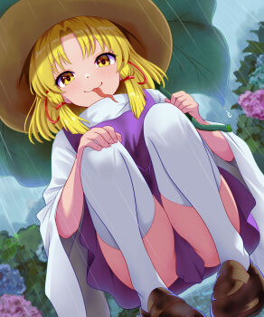 Rule 34 | 1girl, blonde hair, brown hat, convenient skirt, hat, highres, kisaragi koushi, leaf umbrella, long tongue, looking at viewer, medium hair, moriya suwako, outdoors, purple skirt, purple vest, rain, shirt, skirt, solo, squatting, thighhighs, tongue, tongue out, touhou, vest, white shirt, white thighhighs, wide sleeves, yellow eyes