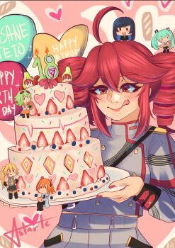 6+girls adachi_rei ahoge akita_neru aqua_hair artist_name astartefrost birthday birthday_cake blonde_hair blush bow bread cake candle closed_mouth commentary drill_hair english_commentary english_text epaulettes food fruit green_hair grey_shirt grey_skirt gumi hatsune_miku heart highres holding holding_plate kasane_teto kasane_teto_(sv) licking_lips long_hair long_sleeves mini_person minigirl multiple_girls nail_polish number_candle orange_eyes orange_hair pear plate ponytail purple_hair red_bow red_hair red_nails shirt short_hair sitting skirt sleeve_cuffs solo_focus standing strawberry strawberry_cake strawberry_slice synthesizer_v tongue tongue_out twin_drills twintails upper_body utau vocaloid