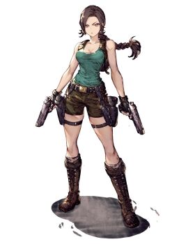 1girl backpack bag belt boots braid braided_ponytail breasts brown_boots brown_hair cleavage dual_wielding final_fantasy final_fantasy_brave_exvius full_body gun handgun highres holding holster lara_croft looking_at_viewer official_art ohara_ryoji short_shorts shorts simple_background solo square_enix standing tank_top thigh_strap third-party_source tomb_raider war_of_the_visions:_final_fantasy_brave_exvius weapon