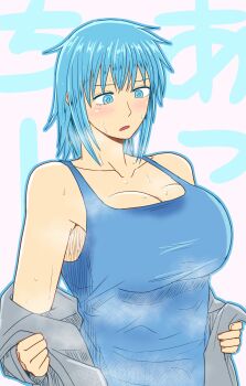 1girl axe934 blue_eyes blue_hair breasts cleavage highres large_breasts short_hair sweat sweatdrop tagme