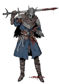 1boy arm_up armor blood blood_on_hands bloody_weapon blue_surcoat blue_tunic boots breastplate brown_boots brown_capelet brown_gloves capelet covered_face dagger elden_ring elden_ring_nightreign full_body gloves hand_up helmet highres holding holding_sword holding_weapon knife male_focus nira_(nira_box) over_shoulder scale_armor sheath sheathed simple_background solo standing sword tunic vambraces weapon weapon_over_shoulder white_background winged_helmet wylder_(elden_ring)