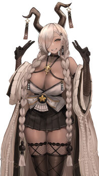 1girl absurdres azur_lane black_gloves black_skirt blonde_hair braid breasts brown_horns brown_thighhighs cleavage commentary_request dark-skinned_female dark_skin double_v fishnet_gloves fishnet_thighhighs fishnets gloves hair_over_one_eye highres horn_ornament horns large_breasts long_hair long_sleeves looking_at_viewer miniskirt oribito_(dnwd3782) owari_(azur_lane) pleated_skirt simple_background skirt solo thighhighs twin_braids v very_long_hair white_background wide_sleeves yellow_eyes zettai_ryouiki