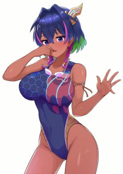 1girl aogiri_shinobu blue_hair braid breasts colored_inner_hair commentary_request dark-skinned_female dark_skin dragon_musume_ni_naritakunai! duel_masters goggles goggles_around_neck green_hair hair_between_eyes highres horns large_breasts low_twin_braids multicolored_hair multicolored_swimsuit one-piece_swimsuit open_mouth pink_hair purple_eyes short_hair single_horn solo sweatdrop swim_goggles swimsuit tanityu twin_braids white_background