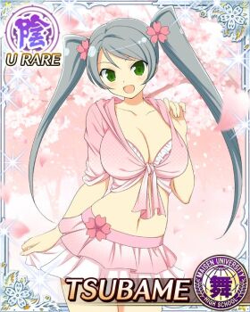 Rule 34 | 1girl, :d, arm at side, arm up, bikini, bikini skirt, border, breasts, card (medium), character name, cherry blossoms, cleavage, falling petals, flower, game cg, green eyes, grey hair, hair flower, hair ornament, hood, hoodie, large breasts, long hair, looking at viewer, navel, official art, open mouth, petals, pink bikini, pink hoodie, pink skirt, senran kagura, senran kagura new wave, skirt, smile, solo, swept bangs, swimsuit, third-party source, tsubame (senran kagura), twintails, very long hair