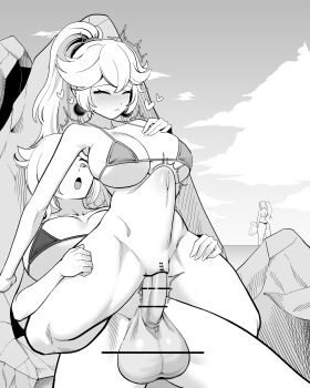 1girl 2futa :o absurdres bar_censor bikini bikini_top_only blush bottomless breasts censored closed_eyes cloud deep_penetration ear_piercing earrings erection futa_with_female futanari hair_tie heart highres huge_penis huge_testicles jewelry large_breasts long_hair mario_(series) metroid monochrome multiple_futa navel nintendo nude open_mouth outdoors penis piercing pointless_censoring ponytail princess_peach pussy reverse_cowgirl_position rosalina samus_aran sex stealth_sex stomach_bulge straddling swimsuit tekkin_papa testicles vaginal veins veiny_penis wide_hips