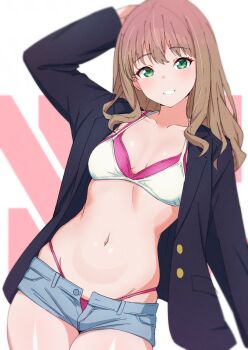 Rule 34 | 1girl, arm behind head, arm up, bikini, bikini under clothes, black jacket, blazer, blue shorts, breasts, brown hair, commentary request, denim, denim shorts, green eyes, gridman universe, grin, highleg, highleg bikini, highres, jacket, kamidan, layered bikini, leaning to the side, light blush, long hair, long sleeves, looking at viewer, medium breasts, micro shorts, minami yume, navel, open fly, pink bikini, shorts, smile, solo, ssss.dynazenon, stomach, swimsuit, white bikini