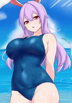 1girl absurdres animal_ears arms_behind_back bare_arms blue_sky blush breasts commentary covered_navel day hair_between_eyes highres horizon large_breasts long_hair looking_at_viewer ocean old_school_swimsuit open_mouth outdoors pamu_art purple_hair rabbit_ears red_eyes reisen_udongein_inaba school_swimsuit sidelocks sky solo standing swimsuit touhou twitter_username