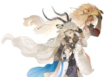 2boys absurdres antenna_hair armor black_coat black_gloves black_shirt blonde_hair blue_cape blue_eyes blue_hair braid cape chest_tattoo clawed_gauntlets coat fingerless_gloves gloves gold_necklace gradient_hair hashtag-only_commentary highres honkai:_star_rail honkai_(series) jewelry male_focus medium_hair multicolored_hair multiple_boys mydei_(honkai:_star_rail) neck_tattoo necklace open_clothes open_coat parted_bangs pauldrons phainon_(honkai:_star_rail) red_hair red_tattoo shirt short_hair shoulder_armor side_braid simple_background single_glove single_pauldron tattoo white_background white_coat white_hair xiniu_kuangben_bawanli yellow_eyes