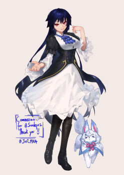 1girl alternate_design altrouge_brunestud black_dress black_hair blue_ribbon breasts commentary corset creature dress english_commentary fate/grand_order fate_(series) fou_(fate) highres long_hair long_sleeves medium_breasts mkrk_mikaerukung puffy_sleeves purple_eyes red_eyes ribbon simple_background smile tsukihime tsukihime_(remake) type-moon vampire very_long_hair white_background