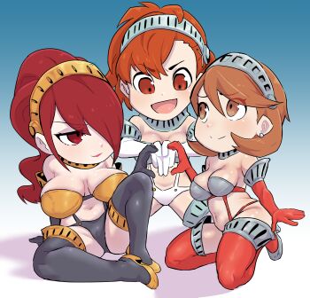 Rule 34 | 3girls, absurdres, armor, bikini armor, breasts, brown eyes, brown hair, chibi, cleavage, collar, elbow gloves, female focus, gloves, hair over one eye, hairband, heart, heart hands, heart hands trio, high-cut armor (persona), highres, huge breasts, kirijou mitsuru, kneeling, large breasts, matching hair/eyes, metal collar, metal hairband, multiple girls, navel, official alternate costume, open mouth, persona, persona 3, persona 3 portable, red eyes, red hair, shiomi kotone, smile, takeba yukari, thighhighs, ukaya masaru