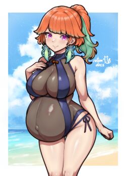 1girl absurdres artist_name bare_arms bare_shoulders big_belly black_nails blue_sky blunt_bangs breasts cloud commentary commission cowboy_shot english_commentary gluteal_fold green_hair hand_on_own_chest highres hololive hololive_english ko-fi_commission large_breasts light_blush looking_at_viewer multicolored_hair nail_polish official_alternate_costume one-piece_swimsuit orange_hair outie_navel pink_eyes pregnant rotomdocs see-through_clothes see-through_one-piece_swimsuit signature skin_tight sky smile solo standing swimsuit takanashi_kiara takanashi_kiara_(perfume_swimsuit) virtual_youtuber