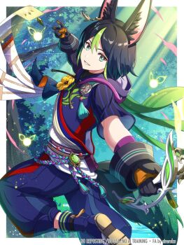 1boy animal_ear_fluff animal_ears asymmetrical_sleeves black_gloves black_hair black_pants black_shoes bow_(weapon) brown_eyes commentary_request day dendro_symbol_(genshin_impact) fox_ears genshin_impact gloves green_eyes green_streaks hair_between_eyes highres holding holding_bow_(weapon) holding_weapon hunter's_path_(genshin_impact) looking_at_viewer male_focus medium_hair multicolored_eyes multicolored_hair outdoors pants parted_lips shoes solo streaked_hair tassel tighnari_(genshin_impact) two-tone_eyes uneven_sleeves vision_(genshin_impact) watawata_nr_(siroraku) weapon