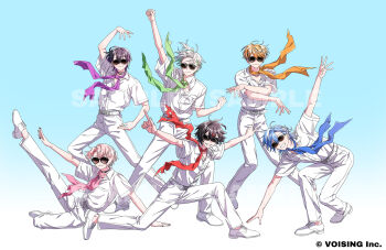 &gt;:) 6+boys :3 ahoge amayume_remu arkhe arm_support arm_up bad_tag belt black_choker black_hair black_nails blue_background blue_hair blue_scarf center-flap_bangs charlo_(chrono_reverse) choker chrono_reverse clenched_hand closed_mouth collared_shirt colored_inner_hair copyright_notice covered_eyes crossed_arms curtained_hair floating_hair full_body gradient_background green_hair green_scarf grin group_picture hair_between_eyes half_updo helmet highres index_finger_raised kaname_(chrono_reverse) knees_together_feet_apart leaning_forward leg_up looking_at_viewer male_focus marutiyo medium_hair multicolored_hair multiple_boys nail_polish official_art on_ground on_one_knee open_collar orange_hair orange_scarf outstretched_arm outstretched_arms oxfords pants parted_bangs parted_lips patterned_hair pigeon-toed pink_hair pink_scarf pose_request purple_hair purple_scarf red_scarf sample_watermark scarf shino_(chrono_reverse) shirt shirt_tucked_in shoes short_hair short_sleeves side_part simple_background sitting smile spread_arms standing streaked_hair sunglasses urumiya v-shaped_eyebrows watermark white_background white_belt white_hair white_pants white_shirt white_shoes