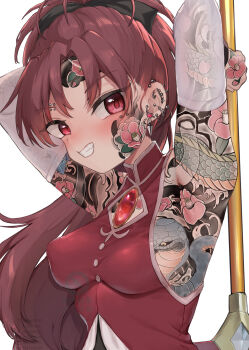 Rule 34 | 1girl, arm tattoo, armpits, arms behind head, arms up, black bow, blush, bow, breasts, chamame, chest tattoo, dragon tattoo, dress, earrings, elbow gloves, eyebrow piercing, face piercing, facial tattoo, flower tattoo, gloves, hair bow, heart, heart earrings, holding, holding polearm, holding spear, holding weapon, jewelry, long hair, mahou shoujo madoka magica, mandarin collar, multiple earrings, polearm, ponytail, red dress, red eyes, red hair, sakura kyoko, sleeveless, sleeveless dress, small breasts, smile, solo, spear, tattoo, tattoo sleeve, upper body, watermark, weapon, white background, white gloves