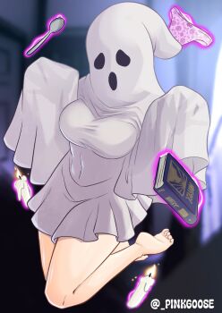 Rule 34 | 1girl, artist name, bare legs, barefoot, blush stickers, boku no hero academia, book, breasts, brown eyes, brown hair, candle, closed mouth, commentary, covered navel, english commentary, floating, ghost costume, gurinsensei, hands up, highres, indoors, large breasts, panties, pink panties, soles, solo, spoon, underwear, unworn panties, uraraka ochako
