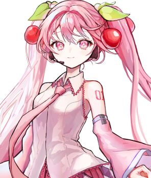 1girl arm_tattoo bare_shoulders breasts cherry_hair_ornament closed_mouth collared_shirt commentary_request detached_sleeves food-themed_hair_ornament hair_between_eyes hair_ornament hatsune_miku headphones headset highres long_hair long_sleeves looking_at_viewer medium_breasts necktie number_tattoo pink_eyes pink_hair pink_necktie pink_skirt pink_sleeves pipi_(pipinavigation) pleated_skirt sakura_miku shirt simple_background skirt sleeveless sleeveless_shirt smile solo tattoo twintails very_long_hair vocaloid white_background white_shirt white_trim wide_sleeves
